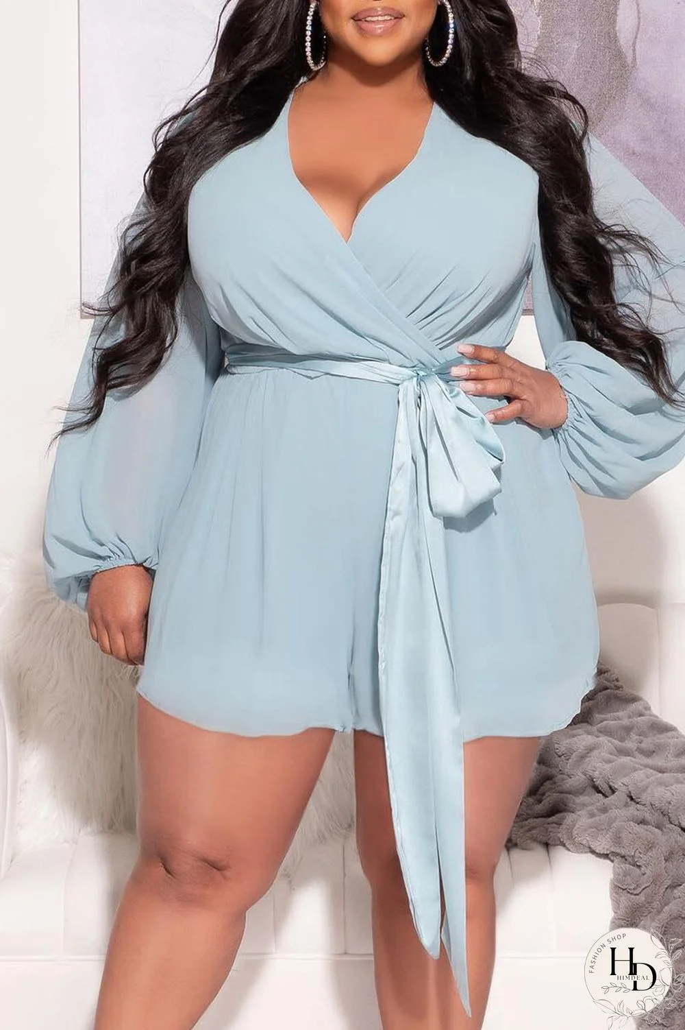 Light Blue Casual Solid Patchwork V Neck Plus Size Jumpsuits(The Belt Is A Different Color)