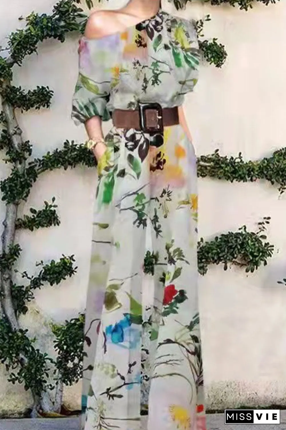 Fashion Casual Print Without Belt One Shoulder Loose Jumpsuits(10 Colors)