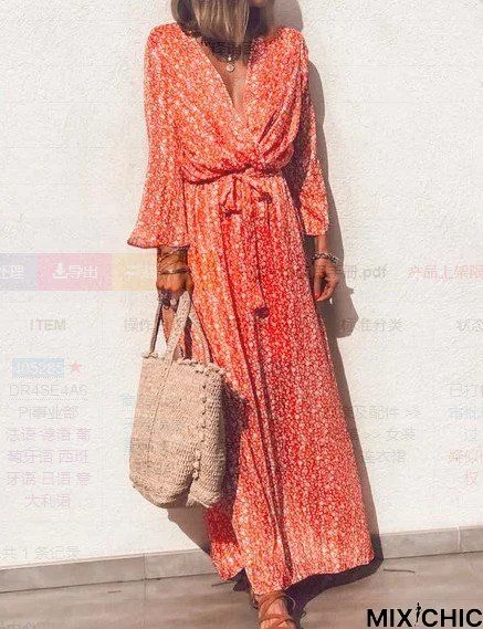 Long Sleeve V-neck Floral Elegant Casual Maxi Dress