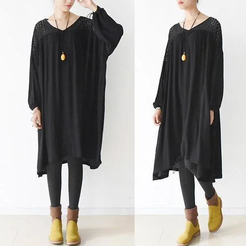 oversized black cotton dresses hollowed shoulder linen dress bust 160cm