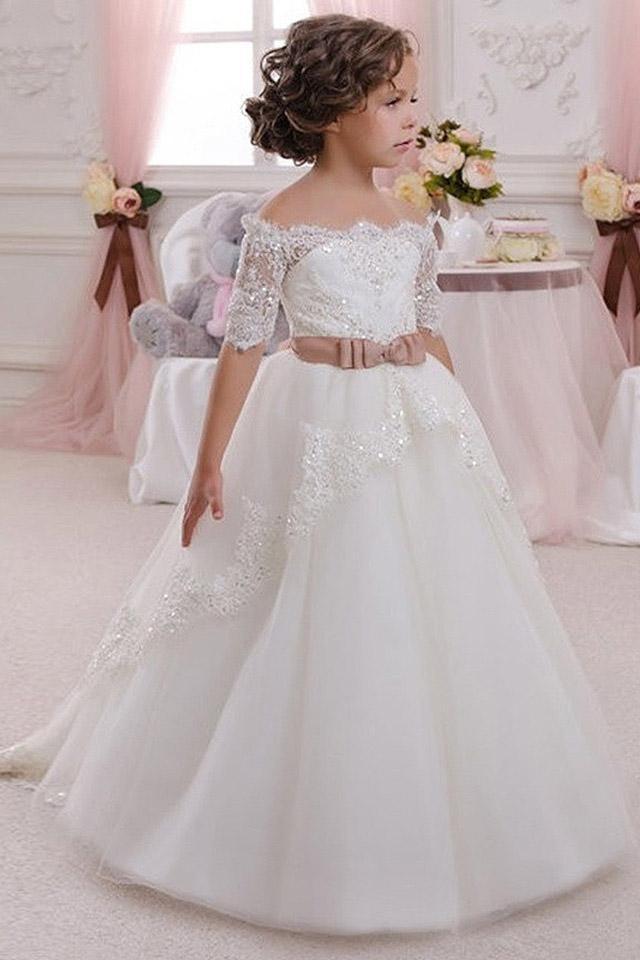 Oknass White Off The Shoulder 1/2 Sleeves Ball Gown Flower Girls Dress with Lace