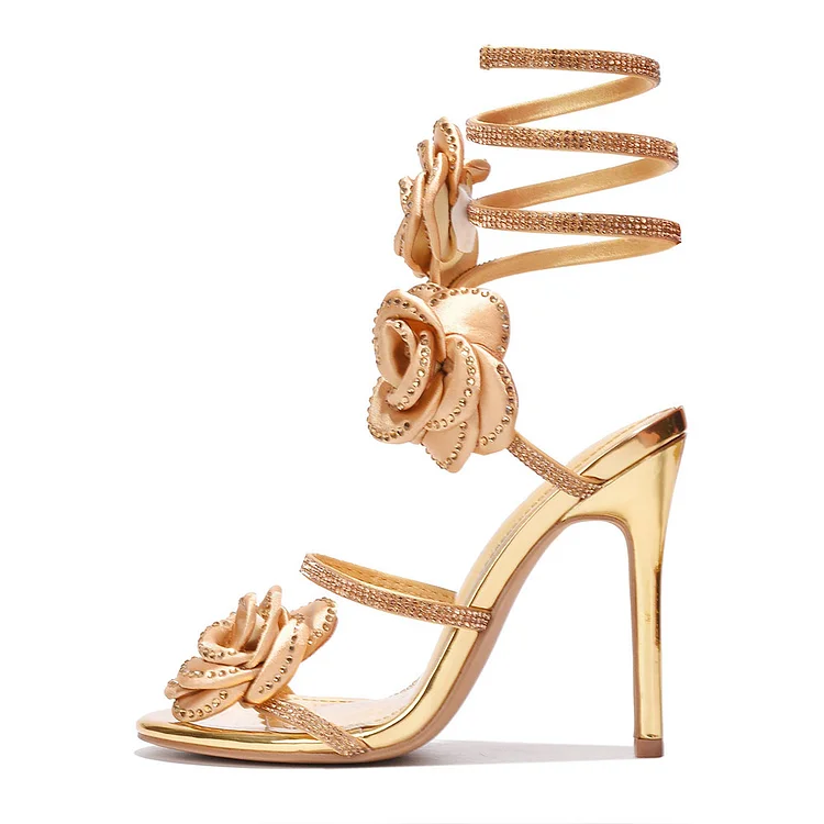 Metallic Gold Rhinestone Prom Heels Satin Floral Wrap Around Sandals |FSJ Shoes