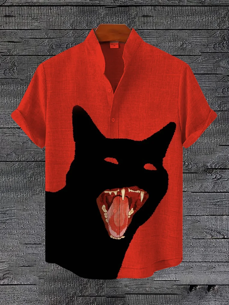 Men's Fierce Black Cat Graphic Print Linen Blend Shirt