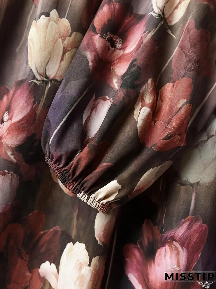 Women's V-Neck Floral Print Elegant Long Sleeve Short Dress