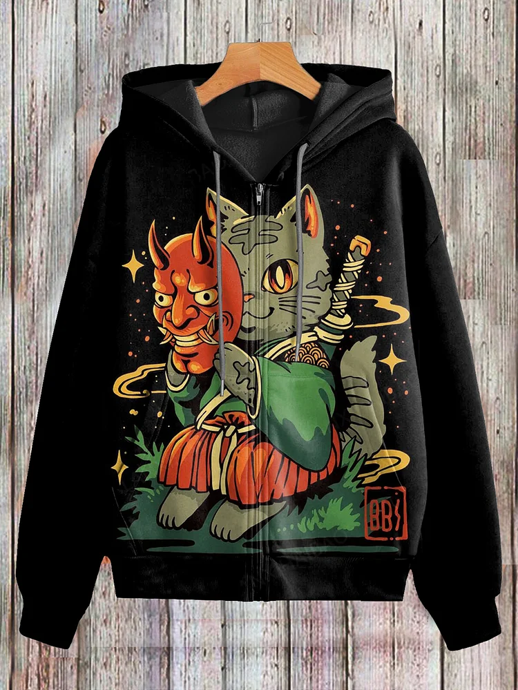 Women's Japanese Prajna Mask Cat Samurai Art Print Hooded Zip Up Jacket