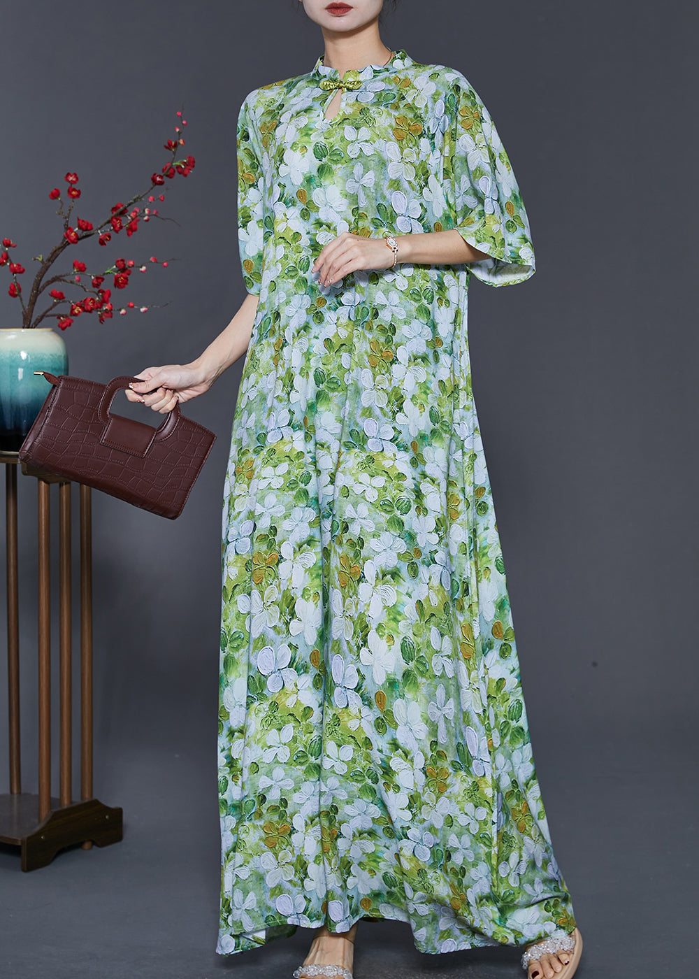 VCSHOES Chinese Green Print Cotton Cheongsam Dresses Summer