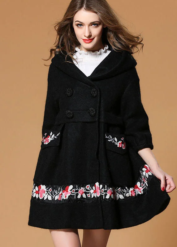 Fine Black Hooded Embroideried Woolen Coats Half Sleeve