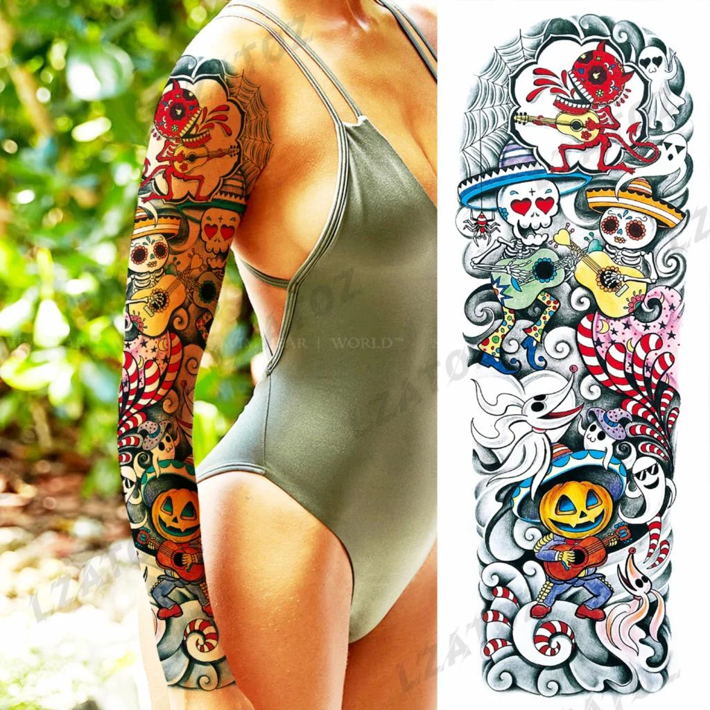 Sdrawing Sleeve Temporary Tattoos For Men Women Realistic Pirate Ship Wolf Tiger Skull Rose Flower Fake Tattoo Sticker Arm Tatoos