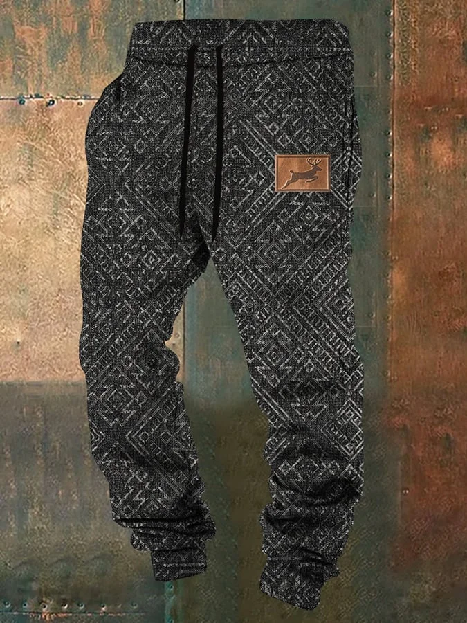 Men's Retro Textured Western Elk Print Casual Loose Sweatpants