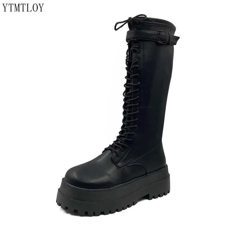 Fashion Women Cross Strap Pu Leather Boots Autumn Winter Knee High Ladies Thick Sole Platform Ytmtloy Botines De Mujer Sexy