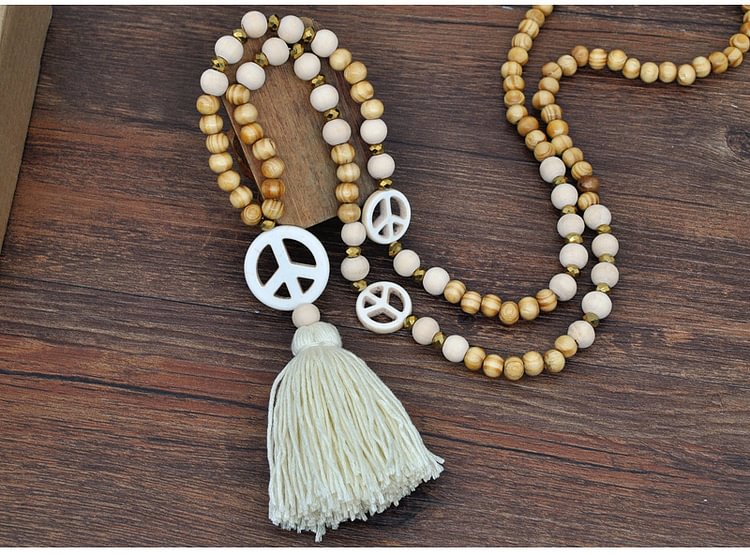 Handmade wooden bead tassel long necklace