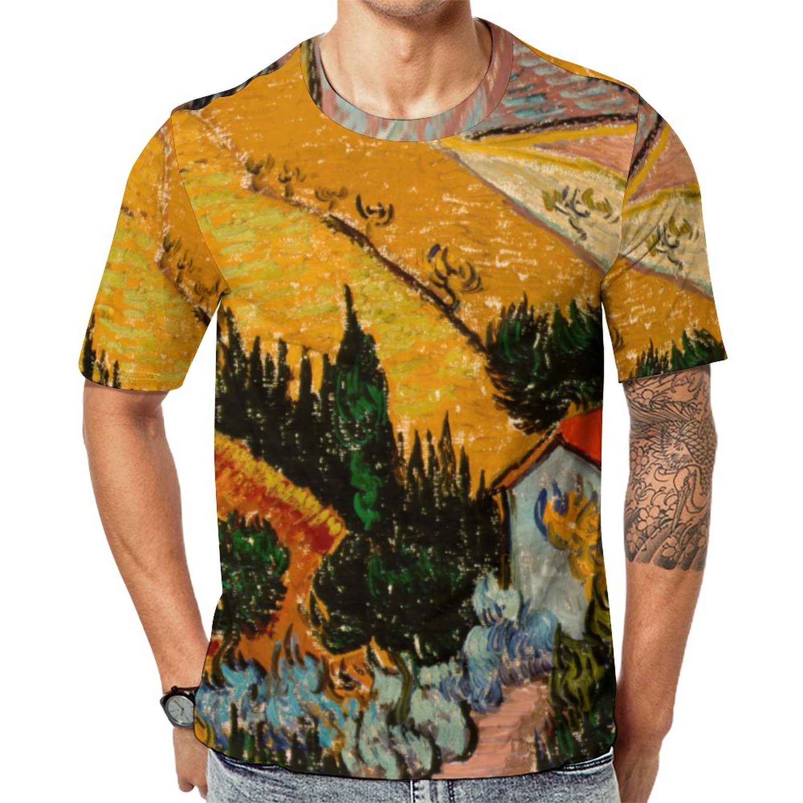 Vincent Van Gogh Landscape House And Ploughman Short Sleeve Print Unisex Tshirt Summer Casual Tees for Men and Women Coolcoshirts