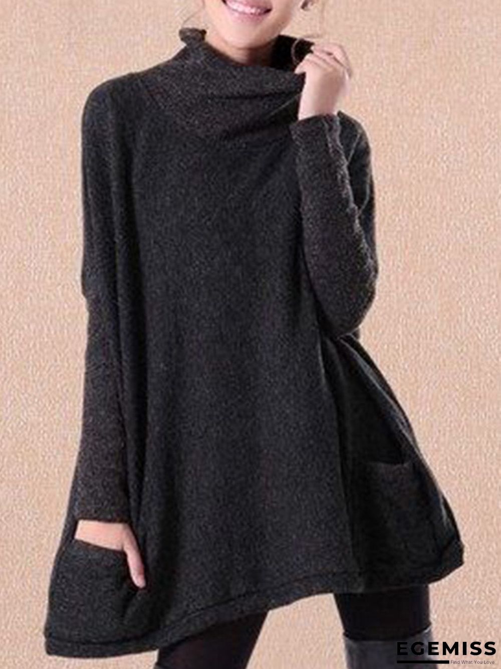 Black Patchwork Turtleneck Casual Sweater | EGEMISS