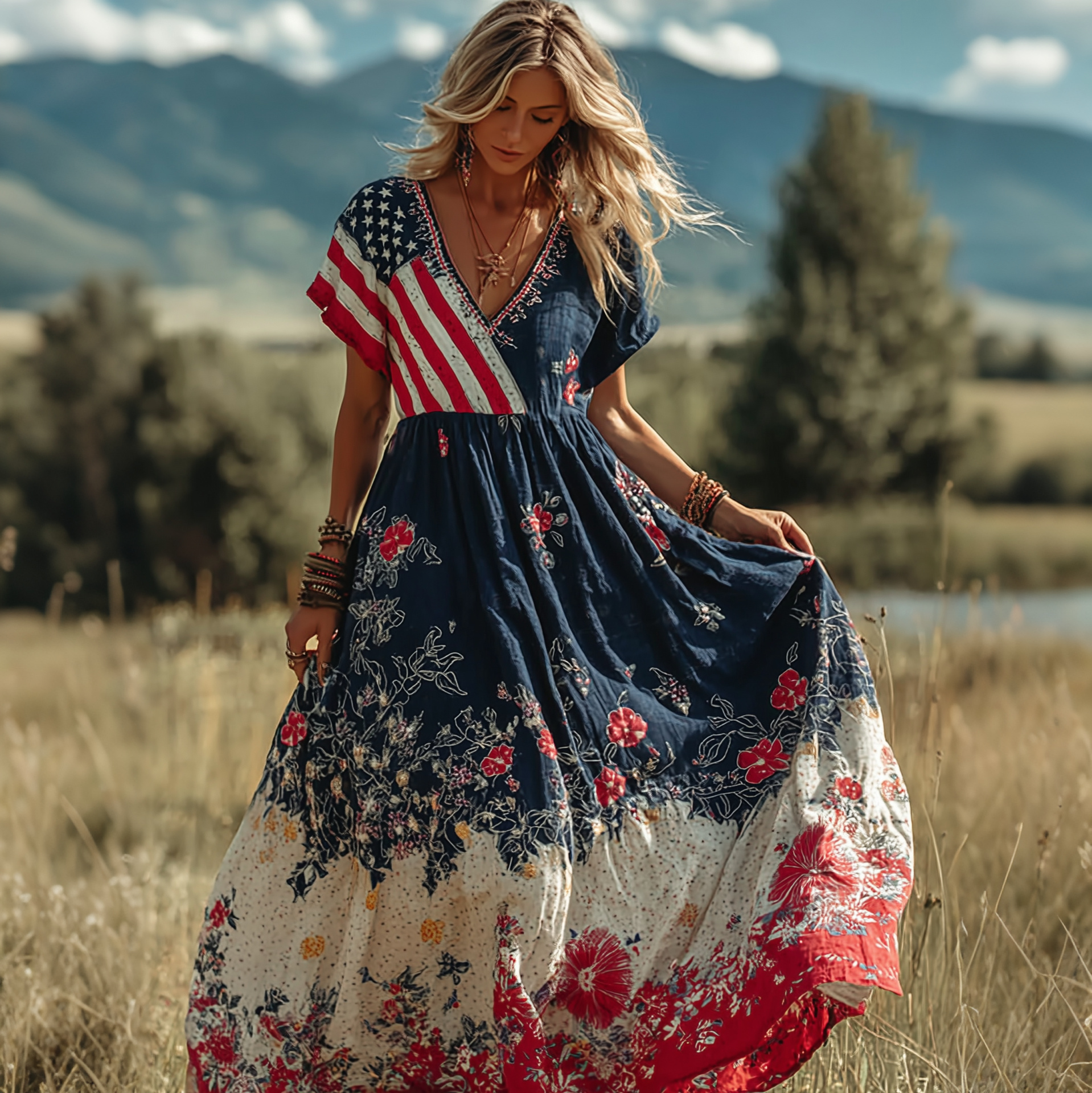  Women's Floral Flag Design Contrast Print Maxi Dress Westsshops