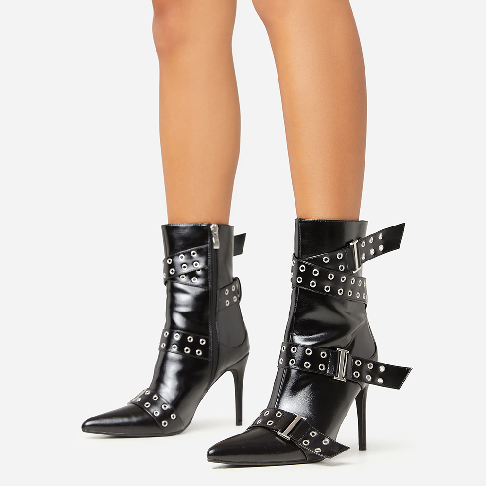 Black Closed Toe Stiletto Heel Studded Ankle Boots with Buckle Nicepairs