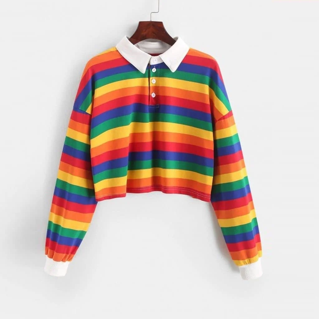 Rainbow Patchwork Button Turndown Hoodie Sweatshirt SP14674