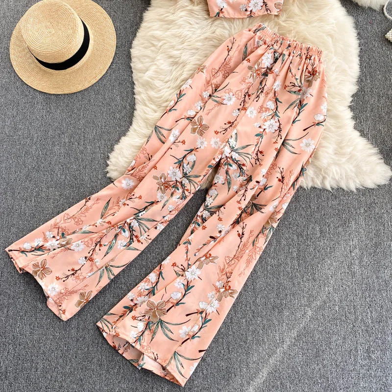 FTLZZ Summer Women Holiday Style Chiffon Printing Two Piece Set Short Shirt High Waist Wide Leg Pants Ladies Idyllic Style Sets