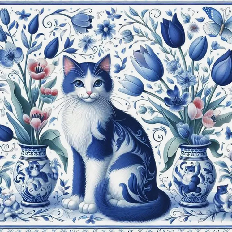Full Round Diamond Painting - Blue And White Porcelain Cat 40*40CM