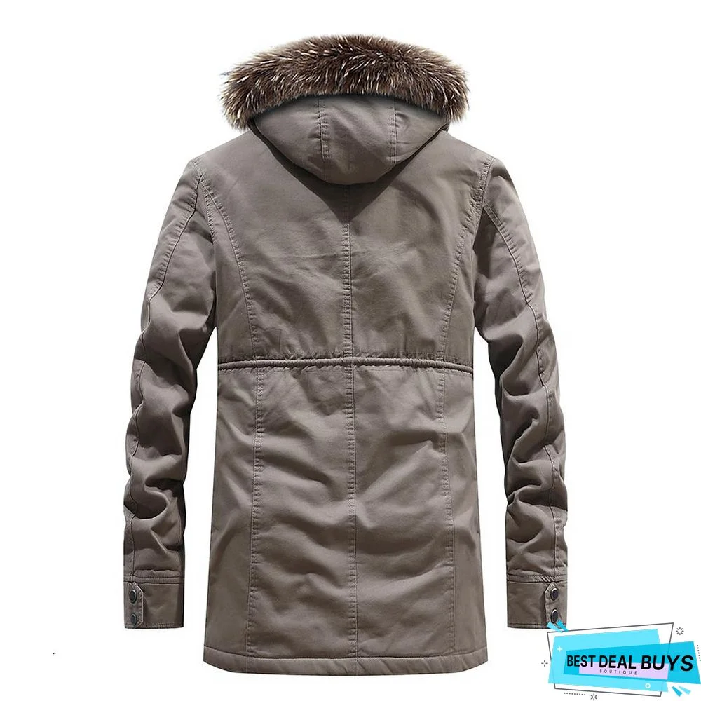 Men Long Casual Thick Warm Fleece Jacket Parkas Men Outfit Fashion Fur Collar Hooded 100% Cotton Coat Parkas