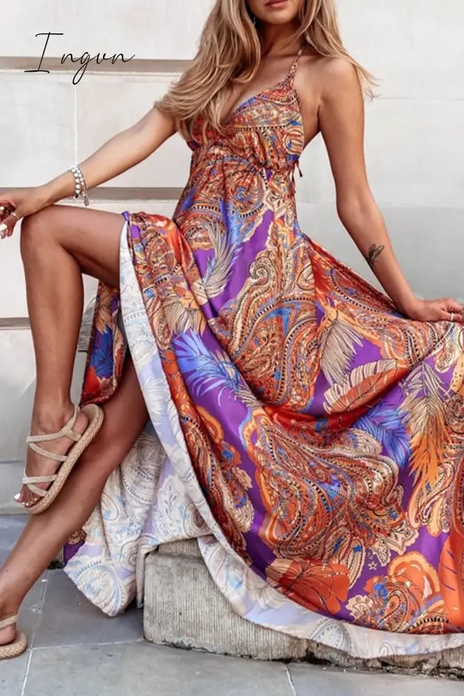Ingvn - Sexy Bohemian Geometric Print Backless V Neck Sling Dress Dresses Deep Red / S Dresses/Boho