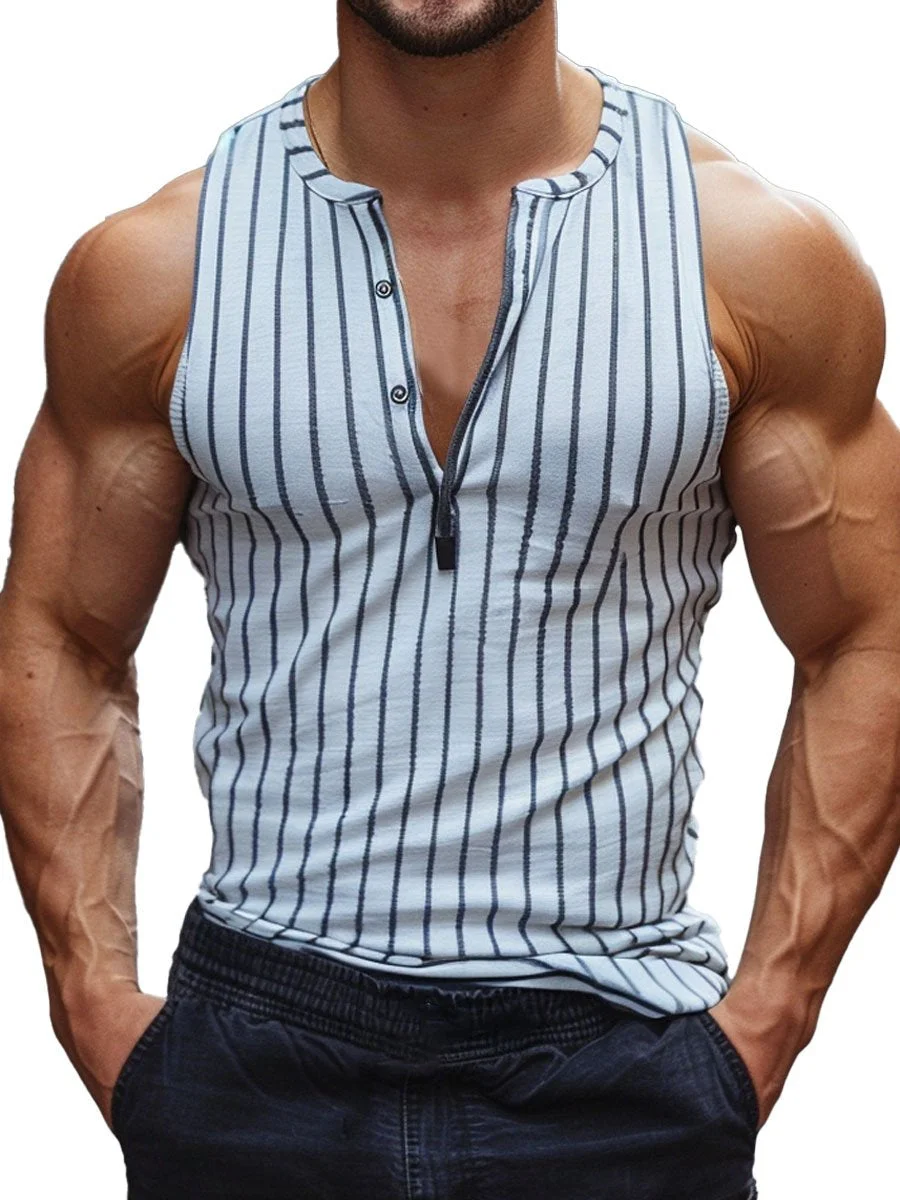 Men's Contrast Striped Half Round Neck Casual Tank Top