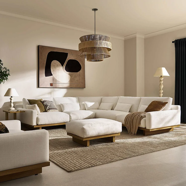 Mori Performance Fabric L-Shaped Sectional Sofa with Ottoman