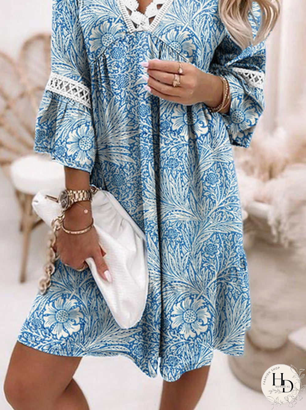 V Neck Loosen Floral Short Sleeve Woven Dress