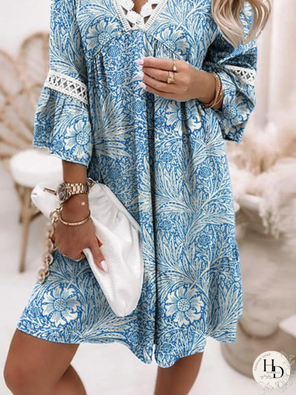 V Neck Loosen Floral Short Sleeve Woven Dress