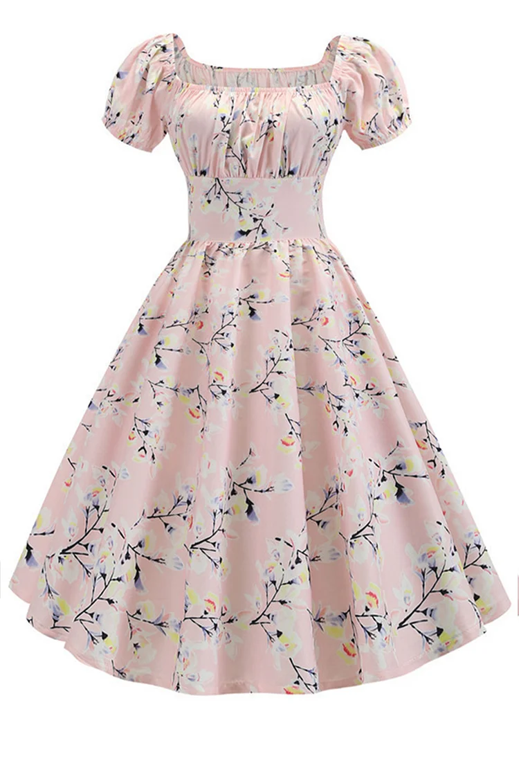 1950s Light Blue Puff Sleeve All Over Print A-Line Midi Dress