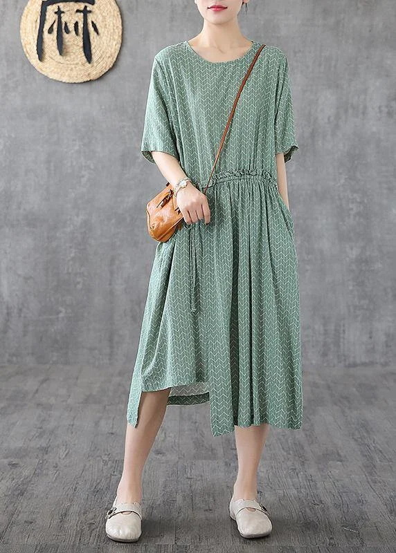 Chic green print linen dresses o neck asymmetric loose summer Dress