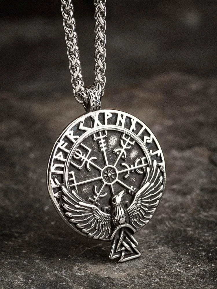 Comstylish Men's Viking Vegvisir & Raven Stainless Necklace