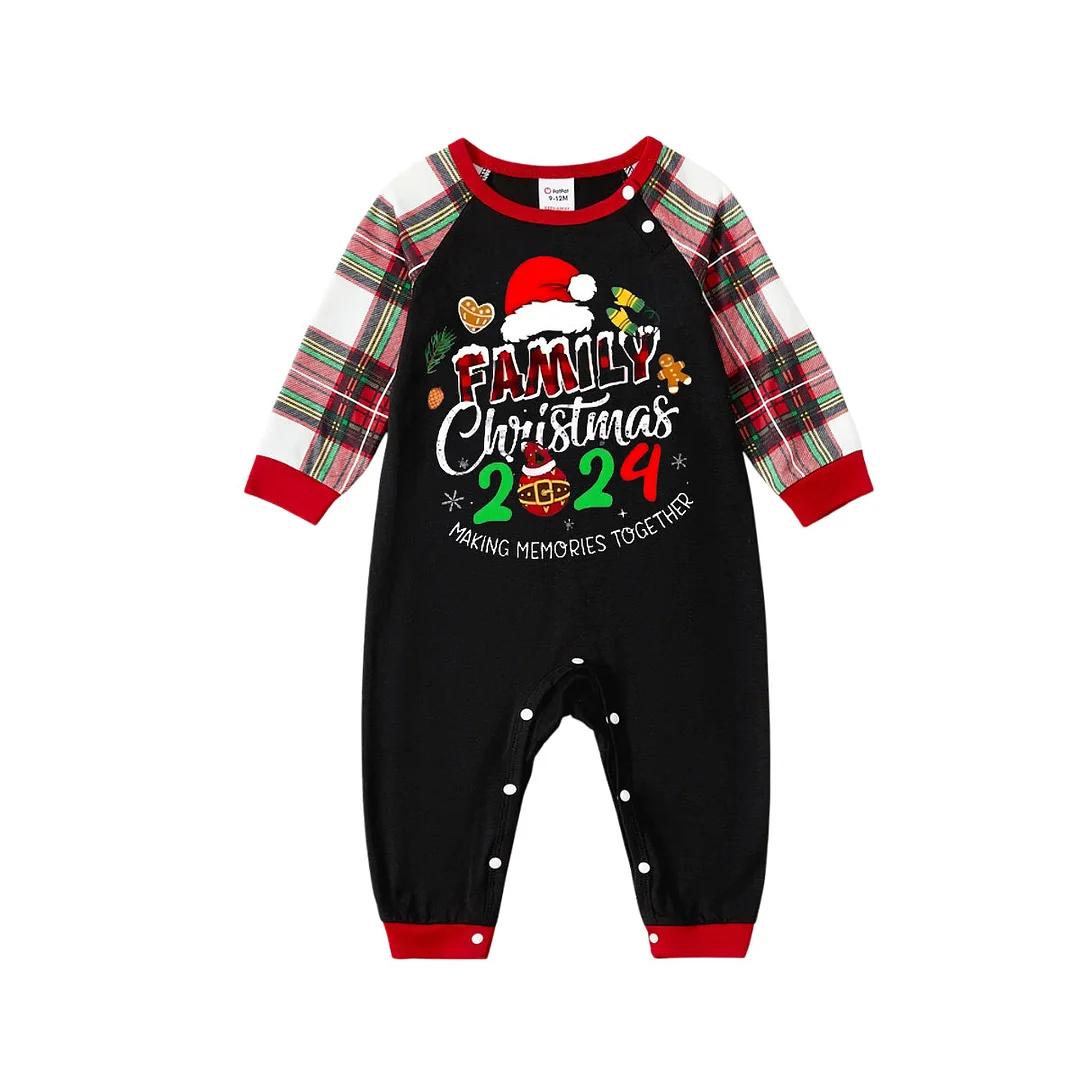 "Family Christmas 2024 Making Memories Together" and Santa Hat Pattern Printed Red and White Plaid Family Matching Pajamas
