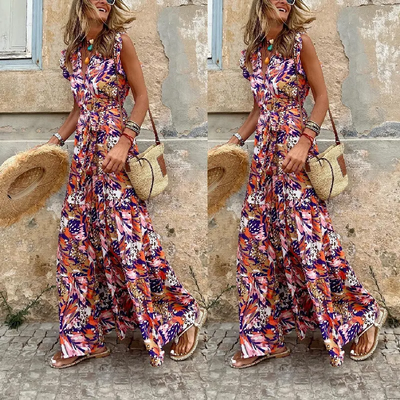 Multicolor Sleeveless Ruffled Lace-up High Waist Floral Maxi Dress