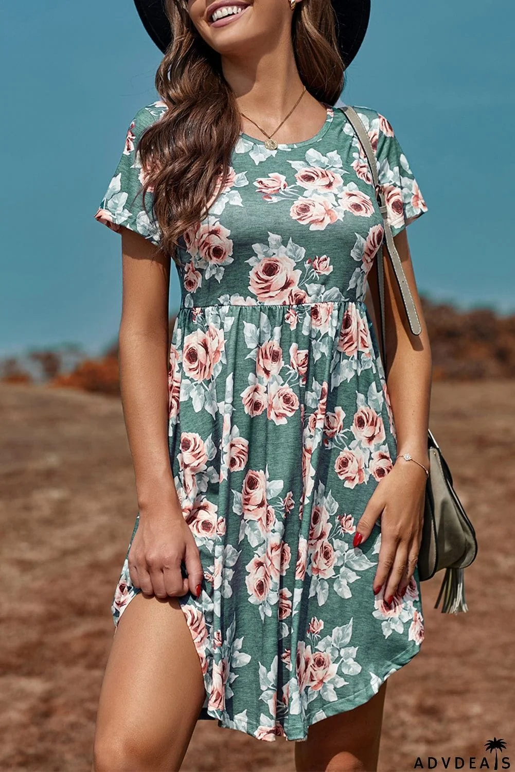 Floral Print Short Sleeve Pleated Mini Dress
