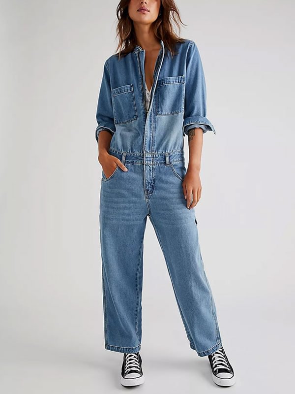 Straight silhouette soft biker women's denim jumpsuit
