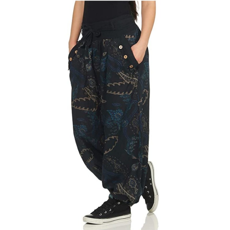 Women's Loose Print Long Pocket Belt Wide Leg Pants, Comfortable and Fashionable Harlan Casual Pants