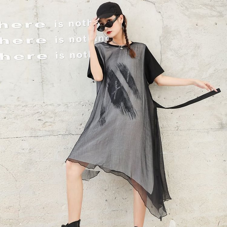 Street O-neck Printed Patchwork Mesh Short Sleeve Irregular Hem False Two Pieces Dress      