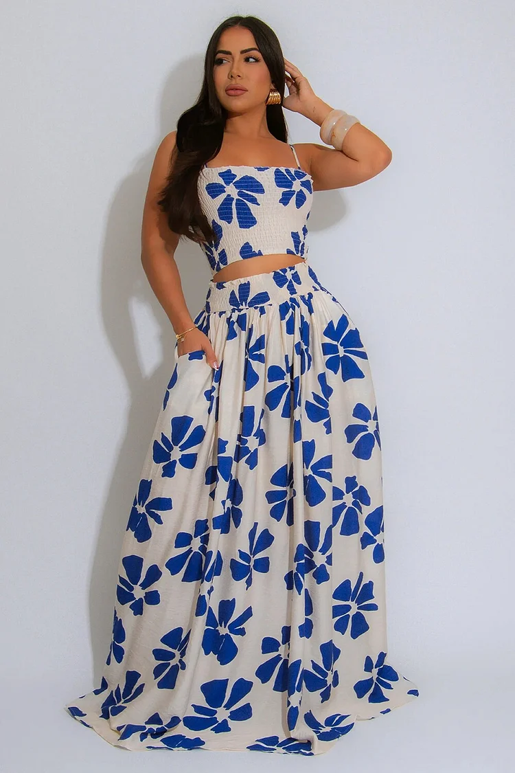 Floral Print Crop Cami High Waist Maxi Skirt Matching Set-Blue