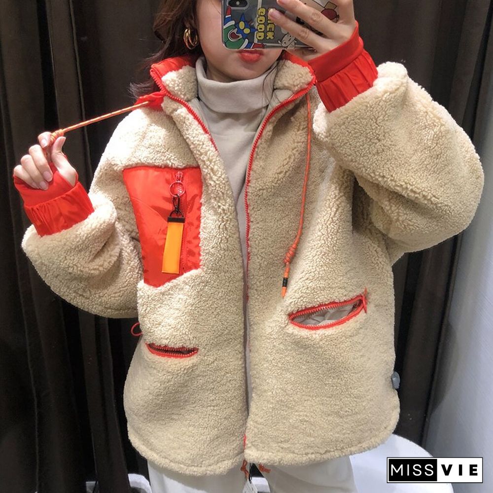 New Winter Thick Warm Lambswool Hooded Jacket Coat Women Casual Zipper Patchwork Loose Outwear Female Oversize Parkas Mujer