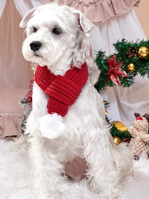 Christmas Pet Dogs Cats Handmade Crochet Pom Poms Red Scarf Holiday Party Pet Decorations