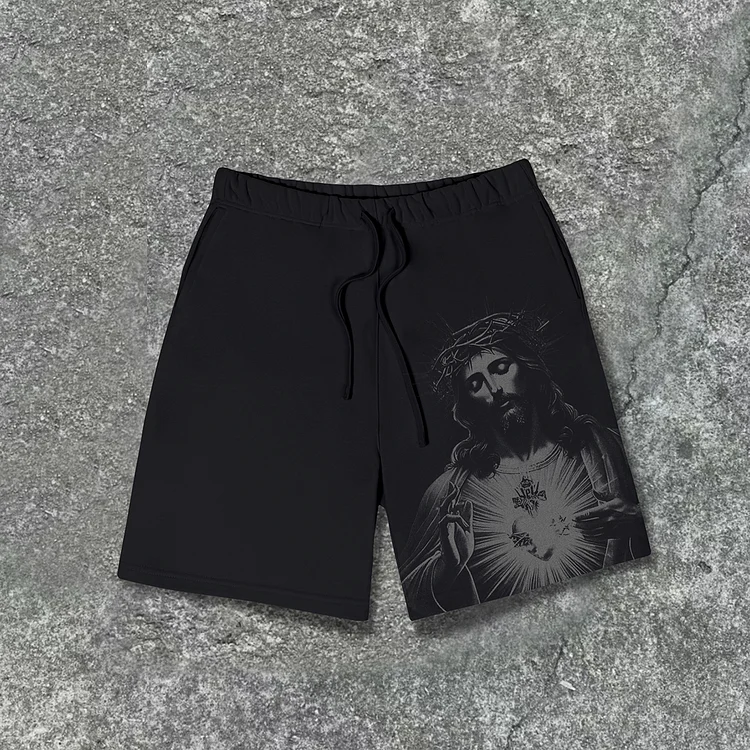 Casual Drawstring Vintage Jesus Print Shorts SOPULA