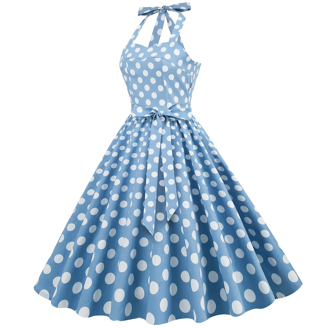 Women's Halter Dress Hepburn Polka Dot Print Bowknot Swing Dress-te