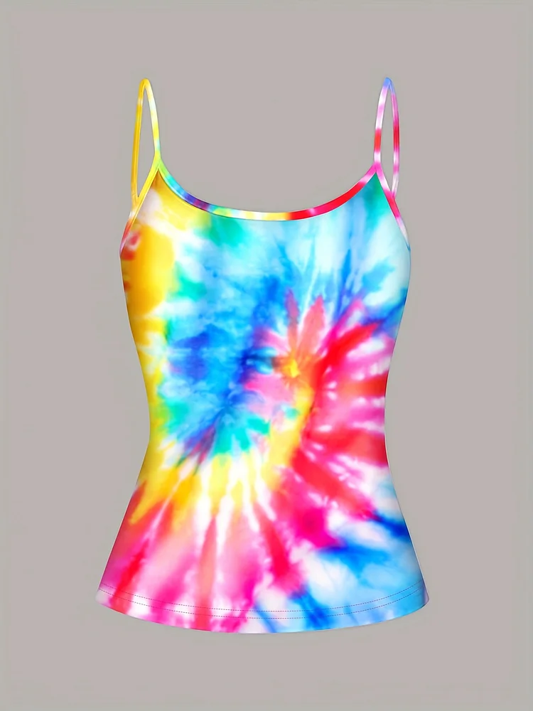 Women's Vibrant Tie-Dye Cami Top - Rainbow Colorful Print, Elegant Sleeveless Design, Comfortable Polyester Fabric For Summer Fashion, Casual Wear Cami | Vibrant Print Top | Soft Texture Wea