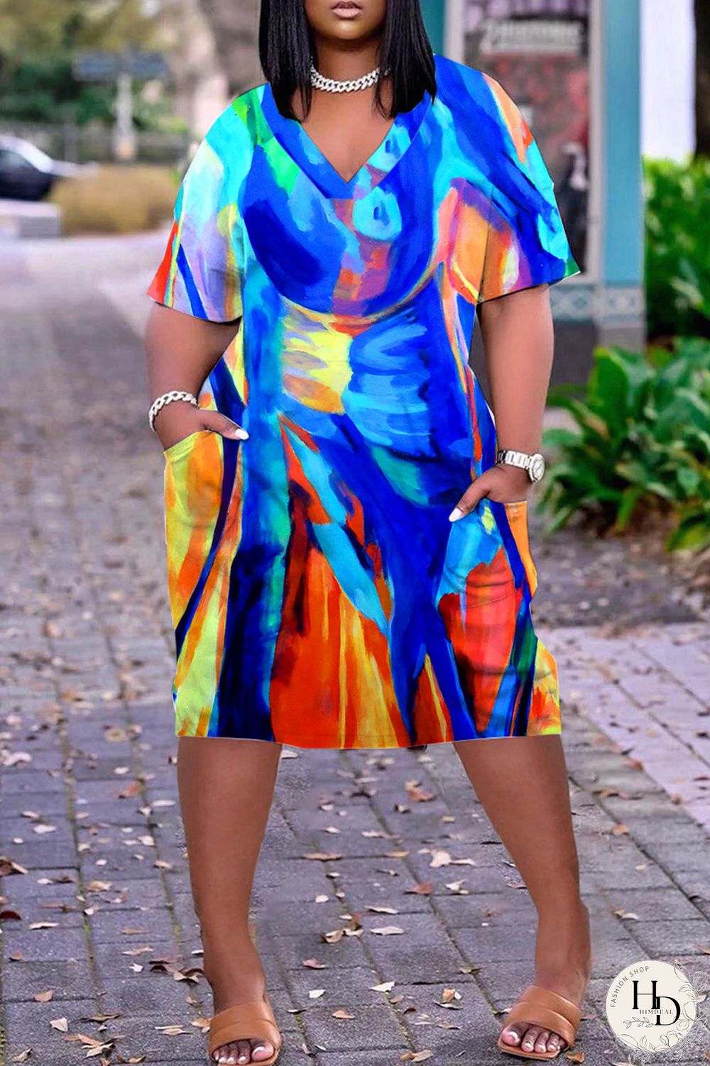 Blue Casual Print Basic V Neck Short Sleeve Dress Dresses