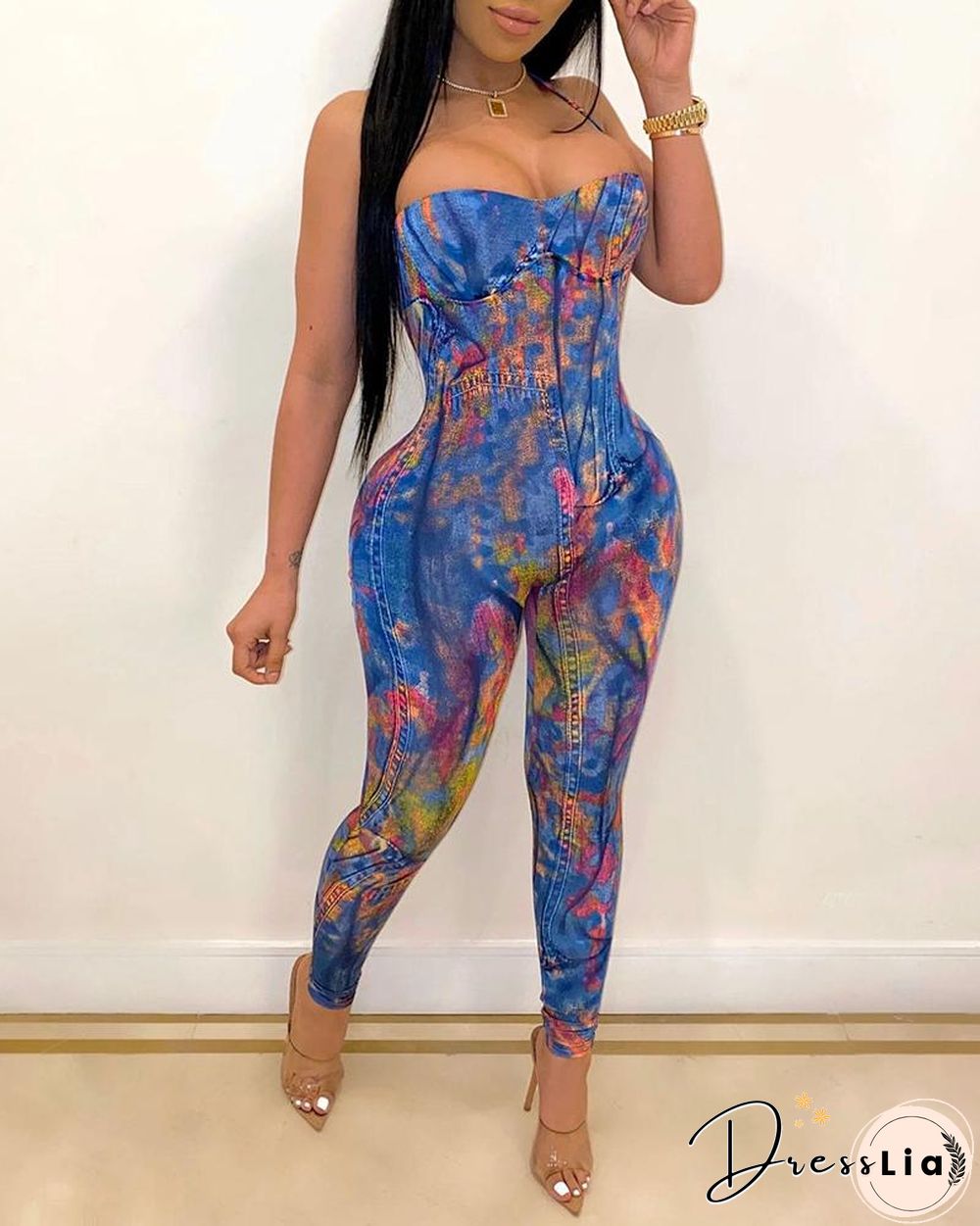 Tie Dye Sleeveless Slim Strappy Jumpsuit