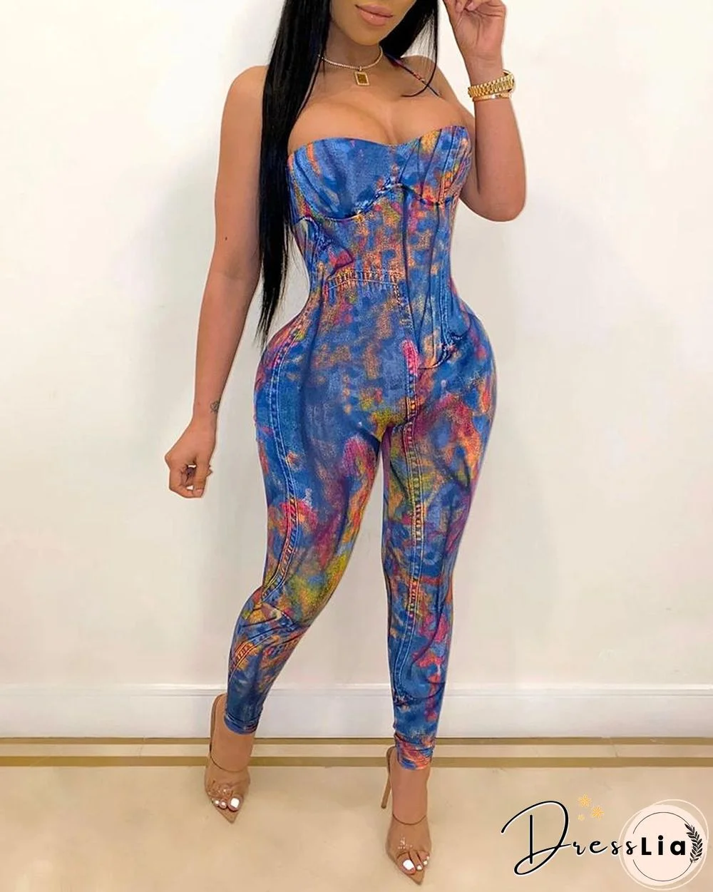 Tie Dye Sleeveless Slim Strappy Jumpsuit