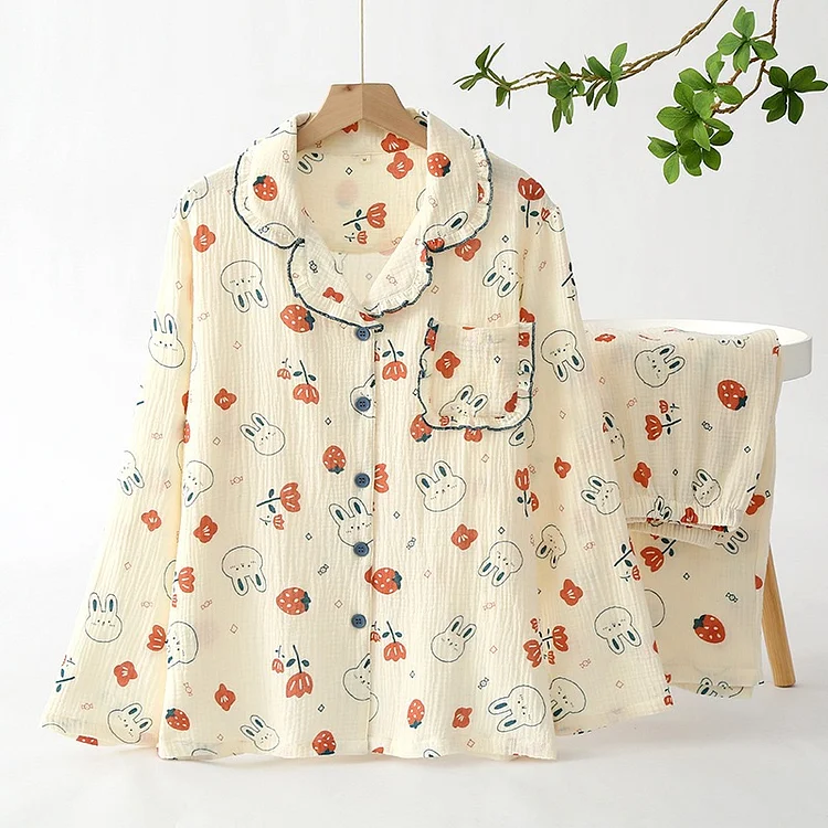 Sinksredesign 2025 Winter Women's Long Sleeved Pants Pajamas 100% Cotton  Cute Rabbit Print Home Service Set Simple Comfortable Pajamas Set