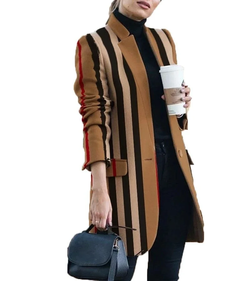 New Autumn and Winter Fashion Print Collar Woolen Coat Women