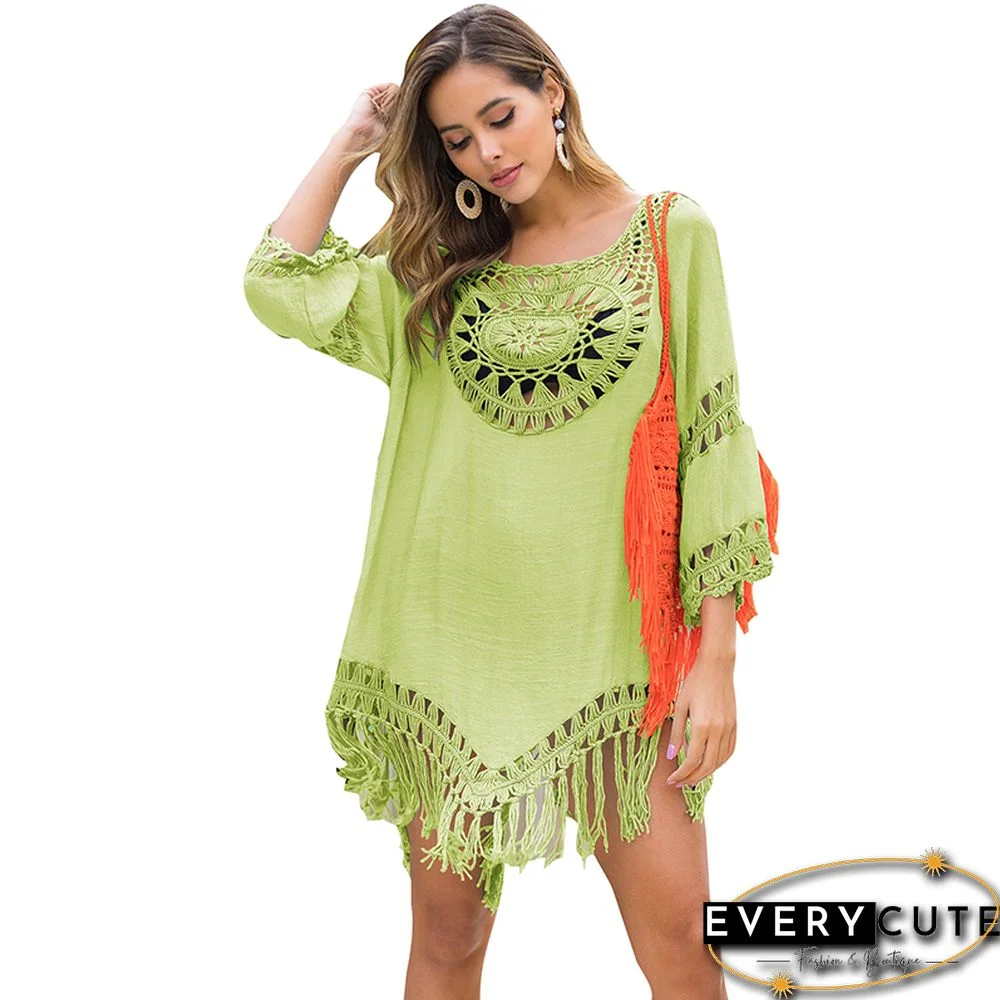 Light Green Hollow Out Tassel Hem Beach Cover