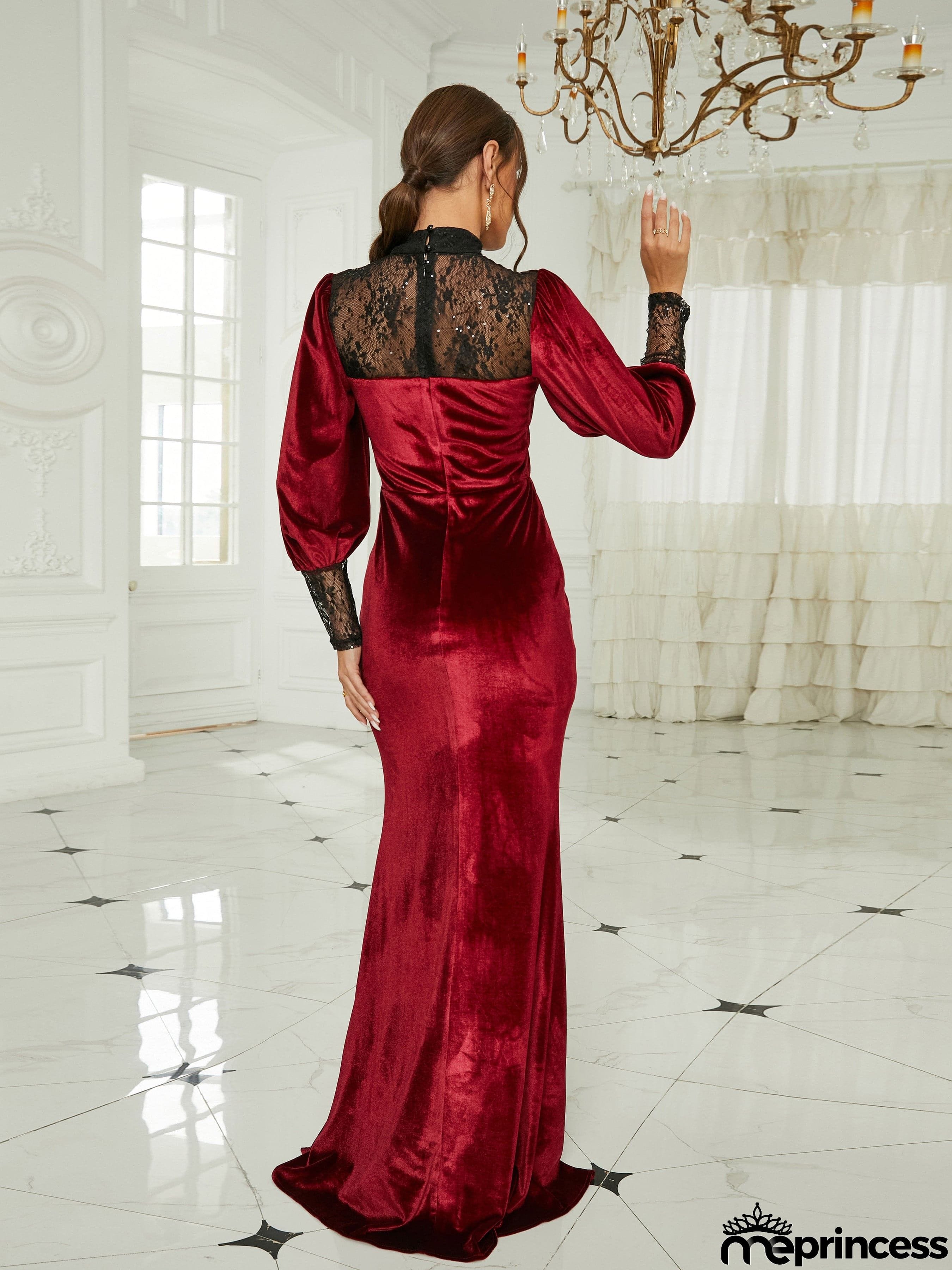 Stand Collar Bishop Sleeve Velvet Burgundy Prom Dress RH30616
